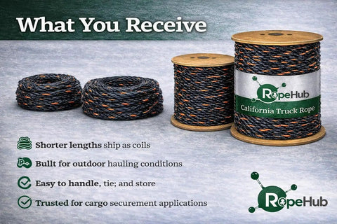 Heavy Duty Truck Rope For Cargo Securement And Tie Downs With Twisted 3 Strand Polypropylene Black With Orange Tracer 3/8 To 3/4 Inch 10 To 600 Feet Built For Trailers And Hauling shown in coils and spools on a gray background.