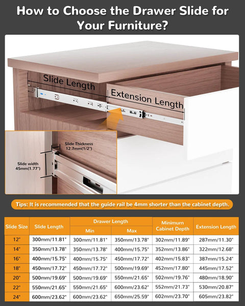 14 Inch Side Mount Soft Close Drawer Slides Set With 5 Pairs Heavy Duty Full Extension, Tough As Nails Built To Last Metal Ball Bearing Runners, Quiet Self Closing Dresser Glides, Mounting Brackets Included, 100 Pound Capacity, drawer size guide chart
