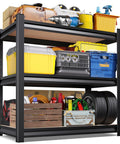 Beefy Heavy Duty Metal Garage Shelving Unit With Thick Steel Frame And MDF Shelves loaded with tools and storage boxes in a garage.