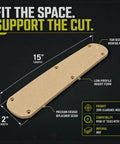 Heavy Duty Zero Clearance Miter Saw Insert For Ryobi 10 Inch Tss103 showing a 15" x 2" MDF design with recessed mounting points.