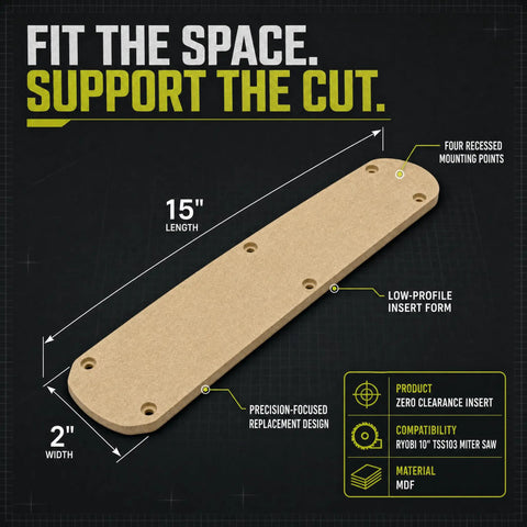Heavy Duty Zero Clearance Miter Saw Insert For Ryobi 10 Inch Tss103 showing a 15" x 2" MDF design with recessed mounting points.