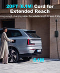 Rock Solid Level 1 And 2 EV Charger Featuring 16 Amp 3.5 Kw Quick Charge Heavy Duty Twenty Foot Cable in use with car.