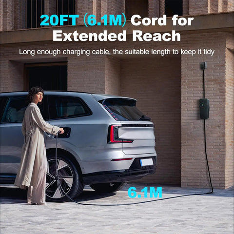 Rock Solid Level 1 And 2 EV Charger Featuring 16 Amp 3.5 Kw Quick Charge Heavy Duty Twenty Foot Cable in use with car.