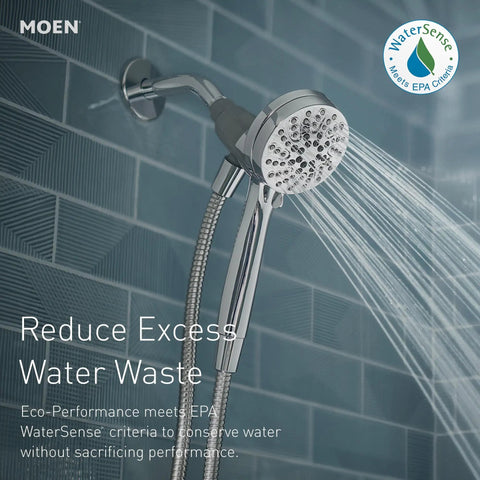 Engage Magnetix Six Function Detachable Handheld Showerhead With Magnetic Docking System spraying water, spot resistant finish