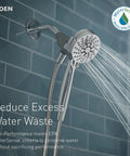 Magnetic Shower Head With Handheld Sprayer And Dock Six Spray Settings Easy Install Wall Mount; water flowing from chrome finish head. 