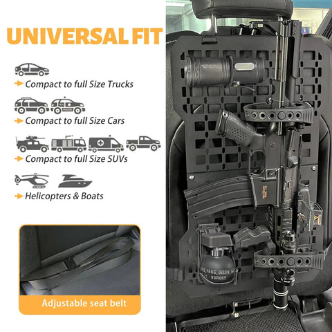 Built Tight Rigid Molle Panel For Trucks And Cars with tactical gear and adjustable seat belt in vehicle interior.