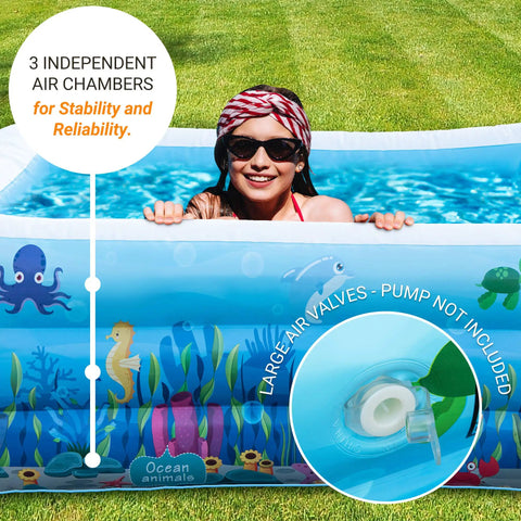 Woman enjoying Ultra Spacious Family Sized Inflatable Pool 100 Inch By 66 Inch By 23 Inch Above Ground Kiddie Lounge Blow Up Pool