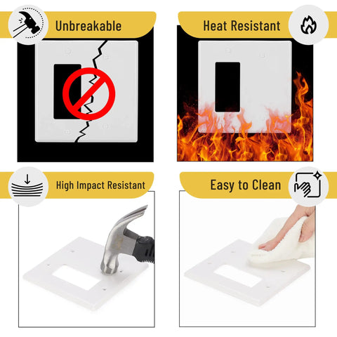 2-Gang Decorator And Blank Wall Plate White With Screws, heavy-duty, showcasing unbreakable, heat-resistant, and easy to clean features.