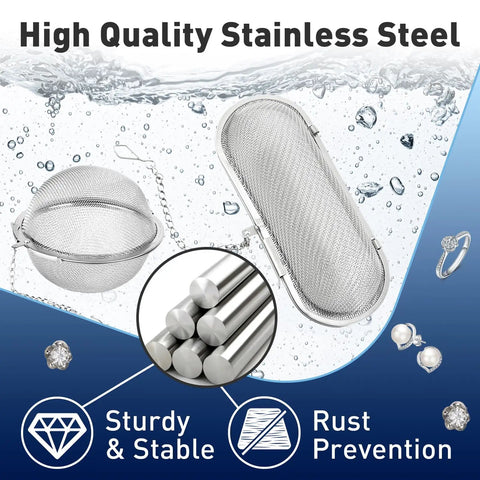 Premium Stainless Steel Ultrasonic Cleaner Basket With Secure Locks Hella Tough For Jewelry Gear And Watch Parts Easy Cleanup Setup Fits Every Machine, featuring round and oval mesh baskets.