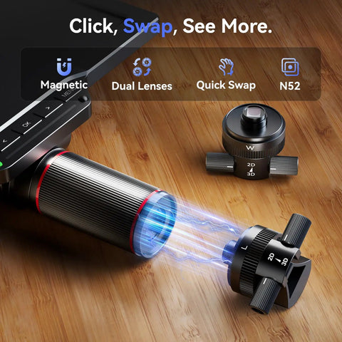 3D Digital Microscope For Soldering With Magnetic Dual Lens, 360 Degree Side Viewing, 7 Inch IPS Screen, 3K Resolution, HDMI And USB Output, Gooseneck Light, Repair Mat, 16GB Built In Memory, Pro Grade Tool For PCB Repair And Jewelry Inspection magnetic dual lenses shown with 2D/3D swap