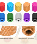 4 Pack Knurled Thumb Nuts M6, 12mm OD, 16mm Height, 6061 Aluminum Anodized Dark Orange No Tools Needed illustrating various colors and knurling