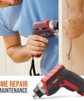 Person using Red 35 Piece Tool Kit With 3.6V USB Electric Screwdriver And Drill Set for cabinet repair