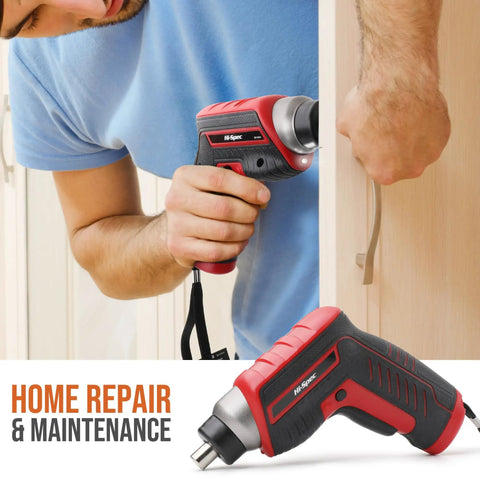 Person using Red 35 Piece Tool Kit With 3.6V USB Electric Screwdriver And Drill Set for cabinet repair