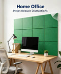 Peel And Stick Acoustic Wall Panels 12 Pack SoundProof Foam Tiles on a green wall in a modern home office setting.