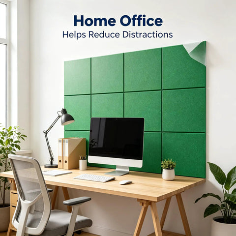 Peel And Stick Acoustic Wall Panels 12 Pack SoundProof Foam Tiles on a green wall in a modern home office setting.