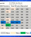 Table of values for Massive SMD Component Kit with 0603 and 0805 resistors, showing 192 sets and tolerance percentages.