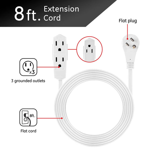 Three Outlet Flat Extension Cord With Eight Foot Grounded Cable For Home Office Media Center And Workspace Use Turns One Wall Outlet Into Three Prong Outlets For Easy Multi Device Setup, 8 ft flat cord, white