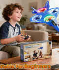 Boy playing with Kid Friendly RC Airplane Drone With One Key Takeoff Landing Headless Mode 360 Degree Flips Auto Hover For Beginners