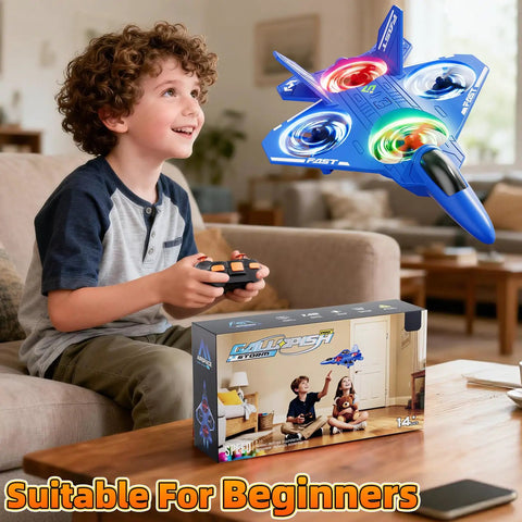 Boy playing with Kid Friendly RC Airplane Drone With One Key Takeoff Landing Headless Mode 360 Degree Flips Auto Hover For Beginners