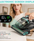 Heavy Duty Handheld Mattress Vacuum Cleaner With Knockout 15Kpa Suction features electronic screen display for cleaning metrics.