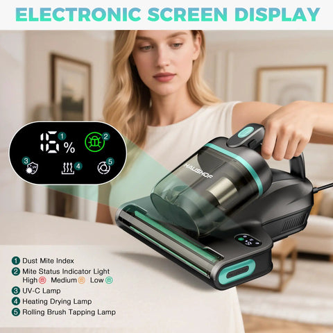 Heavy Duty Handheld Mattress Vacuum Cleaner With Knockout 15Kpa Suction features electronic screen display for cleaning metrics.