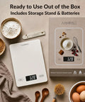 Big Digital Kitchen Scale For Baking And Meal Prep With Large Platform Grams And Ounces Backlit Display next to packaging and baking items