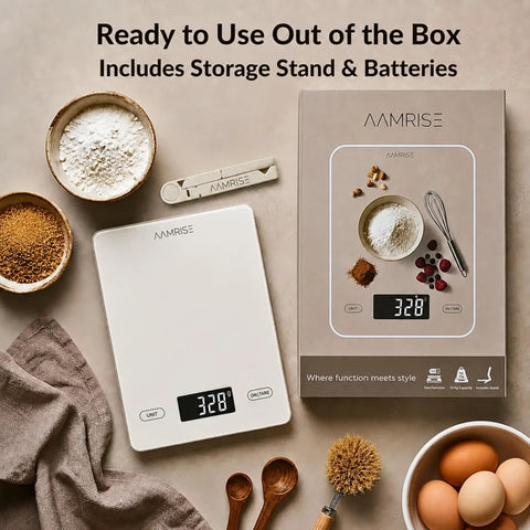 Big Digital Kitchen Scale For Baking And Meal Prep With Large Platform Grams And Ounces Backlit Display next to packaging and baking items