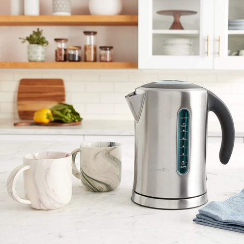 Soft Top Pure Hot Water Kettle With Easy Pour, Soft Grip Handle, 7 Cup Capacity, Brushed Stainless Steel on kitchen counter