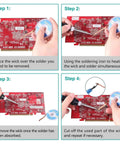Illustrated steps using Desoldering Wick And Vacuum Pump Kit with Solder Sucker and braids for clean circuit board rework.