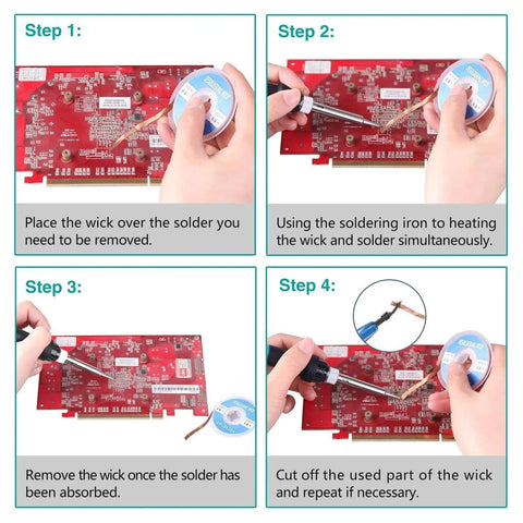 Illustrated steps using Desoldering Wick And Vacuum Pump Kit with Solder Sucker and braids for clean circuit board rework.