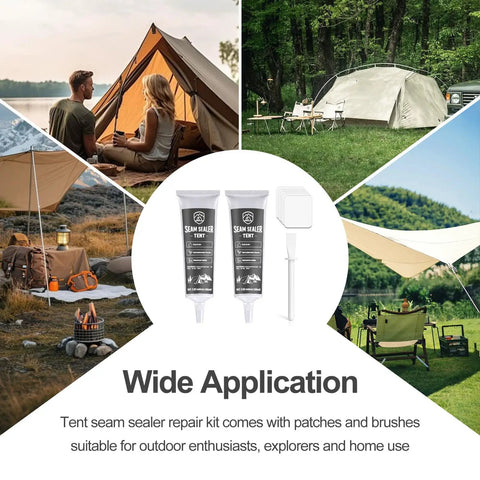 120ml Tent Seam Sealer Waterproof Sealant For Quick Repairs in outdoor camping scenes with tents and repair kit.