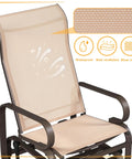Outdoor Glider Chair Set Beige Sling Rocking Chairs With Steel Frame Weather Resistant Patio Gliders For Porch Balcony Or Backyard Keeping It Chill 300 LB Capacity Breathable Sling Fabric Set of 2 showing breathable sling fabric and steel frame close-up