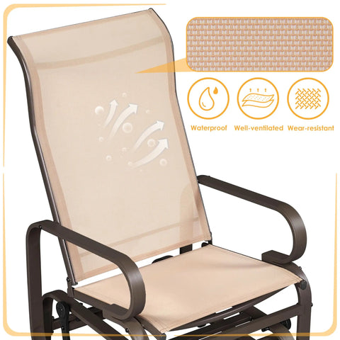 Outdoor Glider Chair Set Beige Sling Rocking Chairs With Steel Frame Weather Resistant Patio Gliders For Porch Balcony Or Backyard Keeping It Chill 300 LB Capacity Breathable Sling Fabric Set of 2 showing breathable sling fabric and steel frame close-up