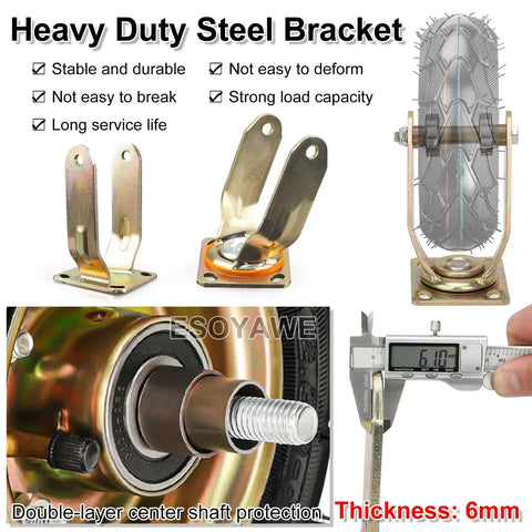 Heavy Duty Rubber Caster Wheels 4 Pack, 10 Inch Swivel Plate Casters With Brakes, Steel bracket details and measurement shown.