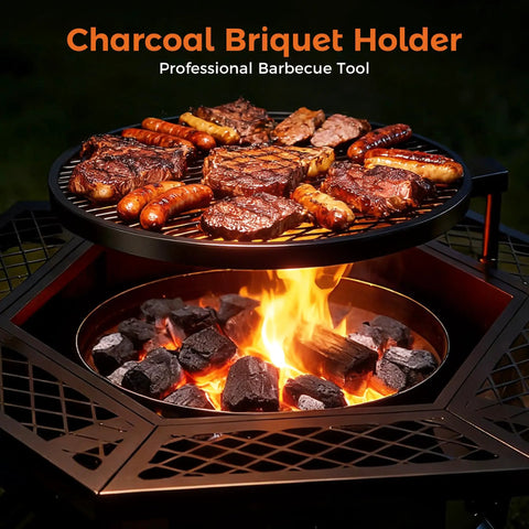 Wood burning 2 In 1 Backyard Fire Pit And Grill For Outdoor Gatherings with meats grilling, cozy fire beneath, hexagonal design.