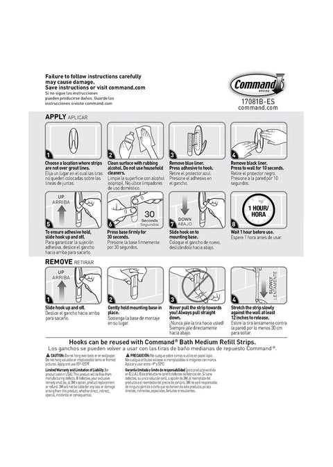 Hella Strong Damage Free Bathroom Hooks With Water Resistant Adhesive Strips installation instructions for wall mounting.