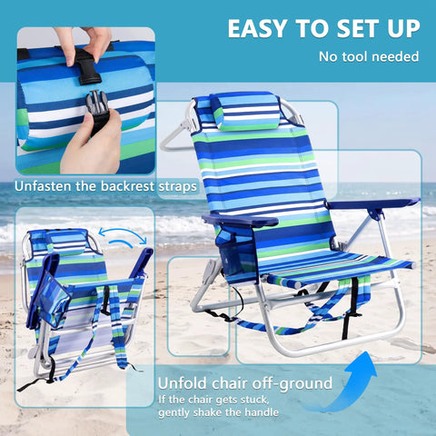 Rock Solid Backpack Beach Chair for Adults folding heavy duty with blue and green stripes on sandy beach