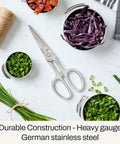 Heavy Duty Kitchen Shears 8 Inch German Stainless Steel Poultry Scissors, silver blades with herbs and chopped vegetables