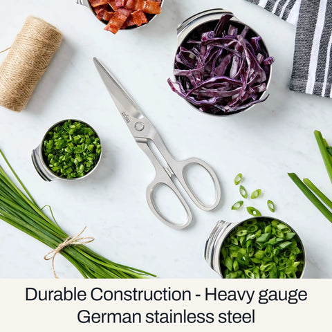 Heavy Duty Kitchen Shears 8 Inch German Stainless Steel Poultry Scissors, silver blades with herbs and chopped vegetables
