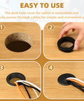 Step-by-step installation of Two Piece Desk Grommet Set in Black ABS Plastic for Cable Management, showing grommet placement and wire organization.