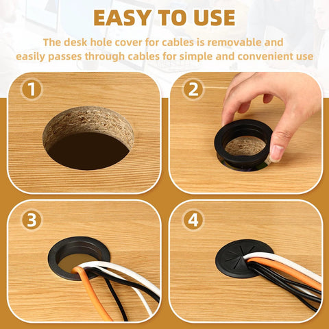Step-by-step installation of Two Piece Desk Grommet Set in Black ABS Plastic for Cable Management, showing grommet placement and wire organization.