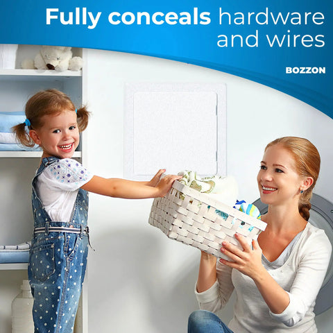 Heavy Duty Drywall Access Panel 12 By 12 Inch - Slick White Wall Hole Cover and Plumbing Access Door for HVAC Electrical Wiring - No Sweat Quick Install That Is Totally Solid, shown in a home setting.