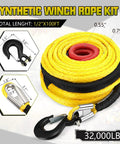 Half Inch By 100 Foot Synthetic Winch Rope Kit With 32000 Pound Breaking Strength, yellow rope, hook, sleeve, buckle visible