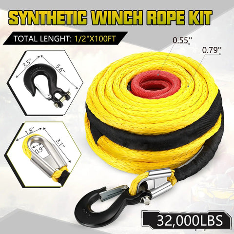 Half Inch By 100 Foot Synthetic Winch Rope Kit With 32000 Pound Breaking Strength, yellow rope, hook, sleeve, buckle visible