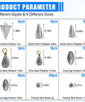 77 Piece Fishing Weights Sinkers Kit With Split Shot Bullet Pyramid Egg And Drop Shot Weights Assorted Sinker Set In One Sixteenth One Eighth Three Sixteenths One Quarter Three Eighths One Ounce For Freshwater Saltwater Surf Fishing Bass Catfish detailed view with size measurements