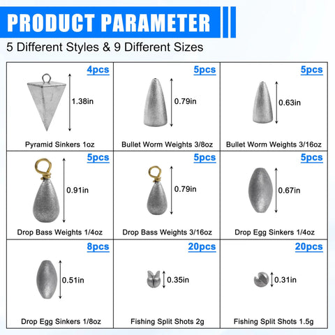 77 Piece Fishing Weights Sinkers Kit With Split Shot Bullet Pyramid Egg And Drop Shot Weights Assorted Sinker Set In One Sixteenth One Eighth Three Sixteenths One Quarter Three Eighths One Ounce For Freshwater Saltwater Surf Fishing Bass Catfish detailed view with size measurements
