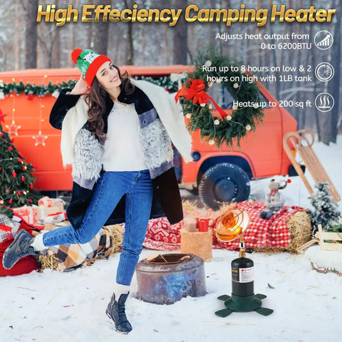 6200BTU Propane Heater With Windproof USB Lighter For Camping And Outdoor Use, in snow with Christmas decorations