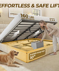 Sick King Size Lift Up Storage Platform Bed With Top Shelf Linen Wingback Headboard And Heavy Duty Noise Free Hydraulic Gas Lift For Huge Hidden Underbed Stash That Boosts Room Vibes In Beige showing 160 lbs lift capacity with a woman using storage.