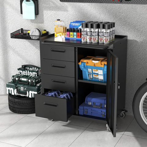 Beefy Heavy-Duty Metal Rolling Storage Cabinet With Wheels For Workshop, Garage Tool Cabinet With 1 Door And 4 Drawers