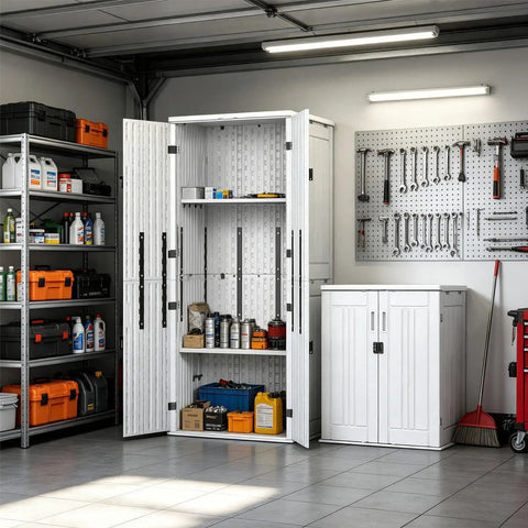 Weatherproof Outdoor Storage Cabinet With Four Shelves And Lockable Door Built To Last Tall White Resin Shed Stands 66 Inches High 30 Cu Ft Capacity For Patio Garden Yard HDPE Double Wall Panels Vertical Tool Storage in garage